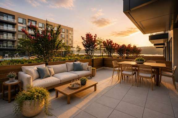A patio with a couch, chairs, and a table with a vase of flowers on it.