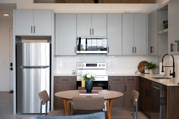 A modern kitchen with a tree in a pot.