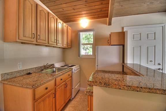 a kitchen with a sink and a stove and a refrigerator