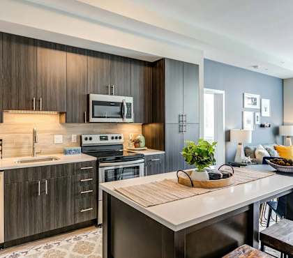 A modern kitchen with dark wood cabinets and stainless steel appliances.