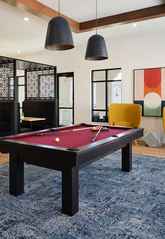 a rendering of a living room with a pool table