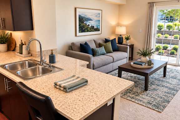 A kitchen with a sink and a couch in the background.