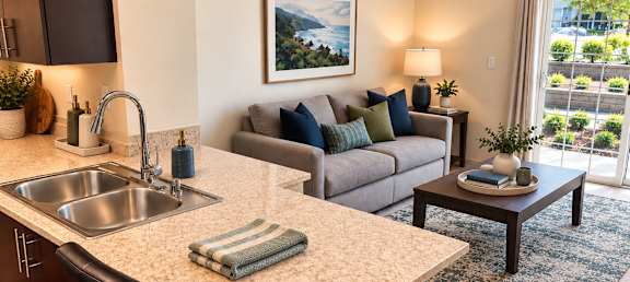 A kitchen with a sink and a couch in the background.