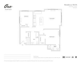 Residence B12A 2 Bed 2 Bath Floor Plan at One Harrison, Harrison, 07029