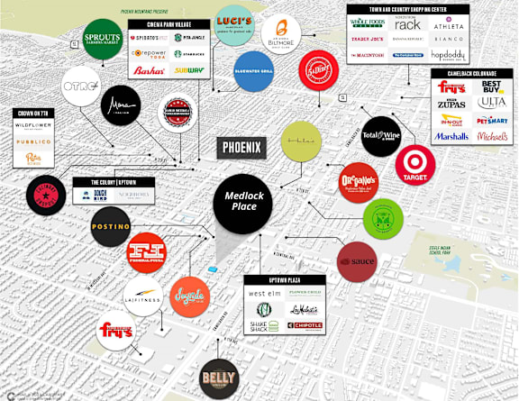 A map with various business names and logos scattered across it.