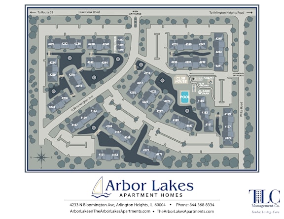 A map of the Arbor Lakes Apartment Homes with a pool in the middle.