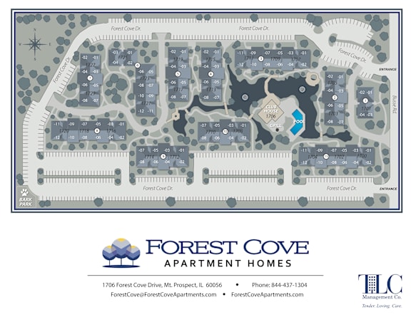 A map of the Forest Cove Apartments with a logo and contact information.