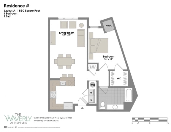 1 Bed, 1 Bath Floor Plan at The Waverly at Neptune, New Jersey, 07753