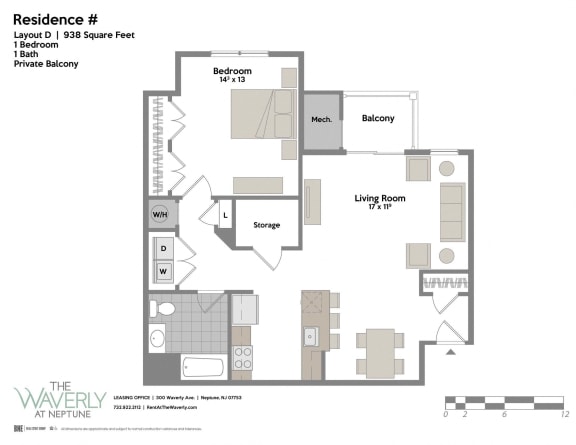 Layout D 1 Bed 1 Bath Floor Plan at The Waverly at Neptune, Neptune, 07753