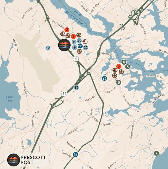 A map with numbered markers and a logo for Prescott Post.