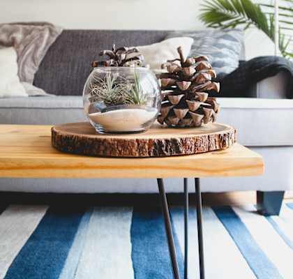 a living room with a wooden coffee table with a glass vase with a plant