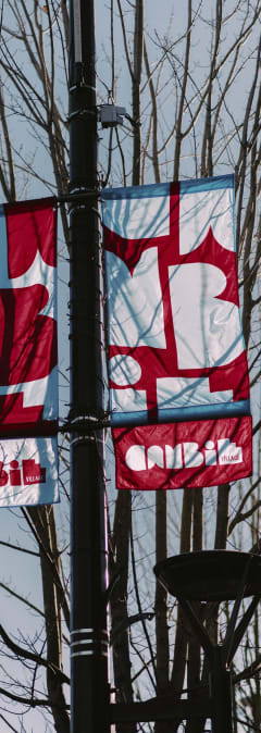 two banners on a pole in front of a tree