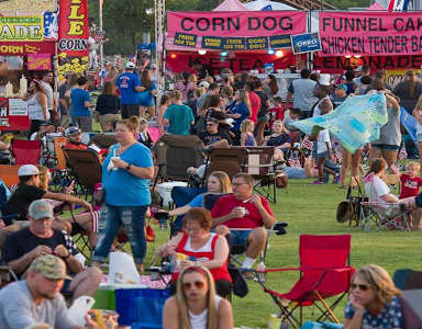 A large crowd of people are sitting in the grass at an outdoor event.