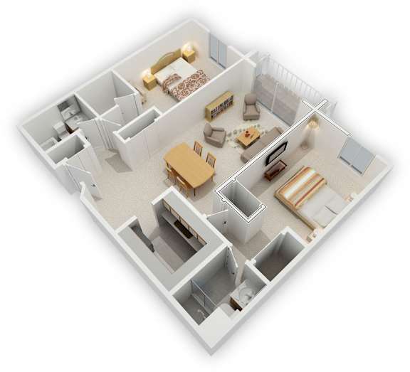 Minnetonka Hills - Two Bedroom Split Apartment - Floor Plan (3D)