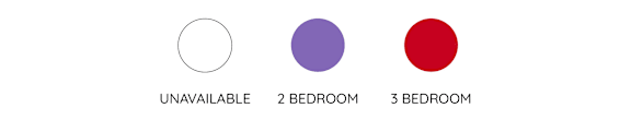 A graphic showing the availability of bedrooms, with one circle representing unavailable, one purple for 2 bedrooms, and one red for 3 bedrooms.