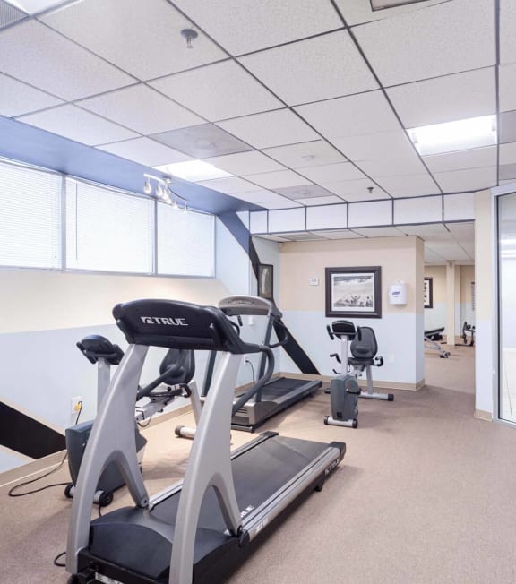 a gym with treadmills and other exercise equipment in a room