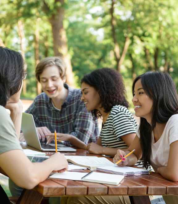 Four people studying outdoors at a picnic table.