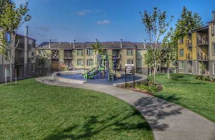A sunny day at a park with a playground and apartment buildings in the background.