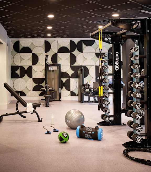 A gym with a punching bag, weights, and exercise equipment.
