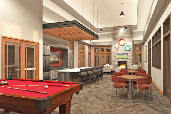 a rendering of a clubhouse with a pool table and a bar