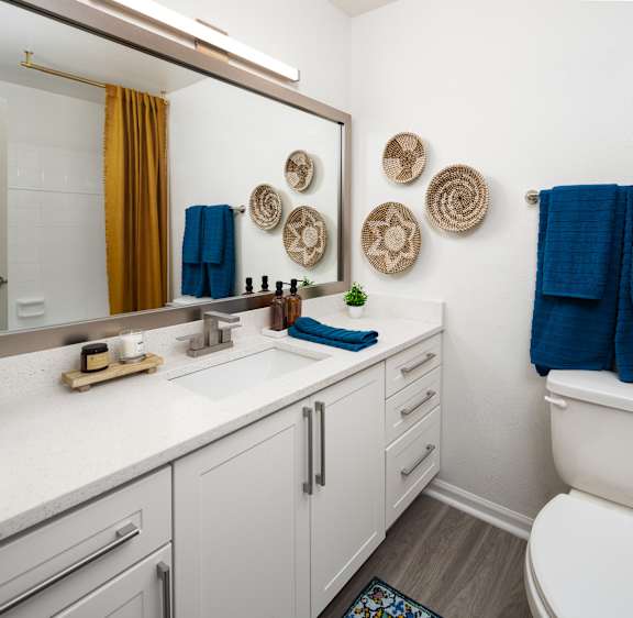 a bathroom with white cabinets and a mirror and a toilet and a sink