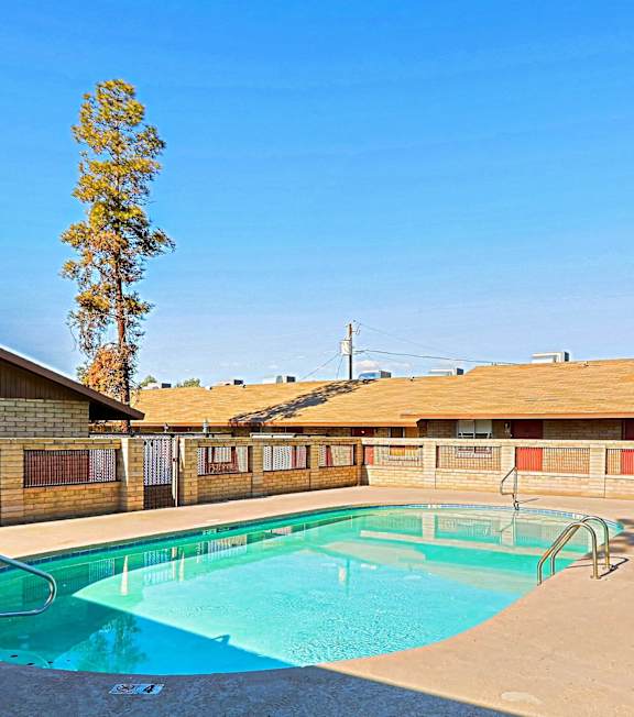 A swimming pool in a sunny outdoor setting.