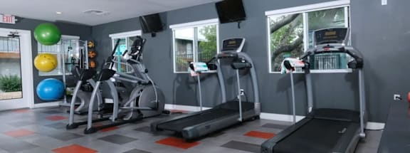 A gym with treadmills, exercise balls and a television.
