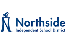 A logo for the Northside Independent School District features a man on a chair.