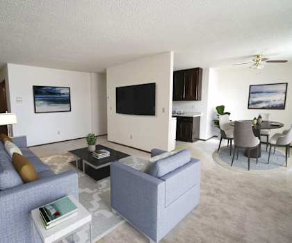 a living room and dining room with a couch and a table