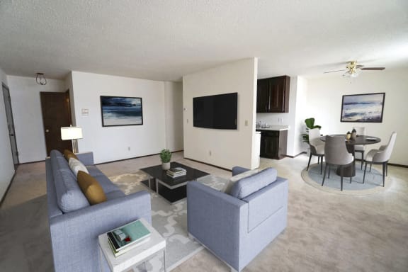 a living room and dining room with a couch and a table
