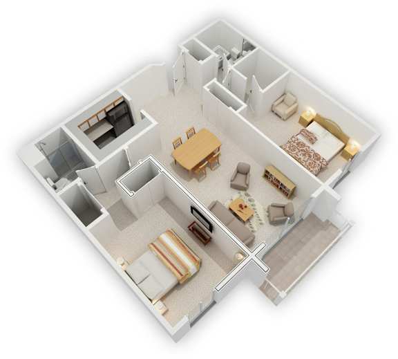 Minnetonka Hills - Two Bedroom Split Apartment - Floor Plan (3D)
