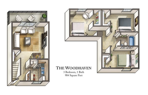 The Woodhaven 3 Bedroom Floor Plan at Staples Mill Townhomes, Richmond, VA