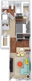 The Holly 3D. Studio apartment. Kitchen with bartop open to living room. 1 full bathroom. Two walk-in closets.