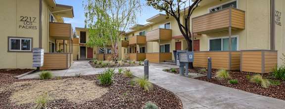 a sidewalk in front of an apartment building with trees and plants