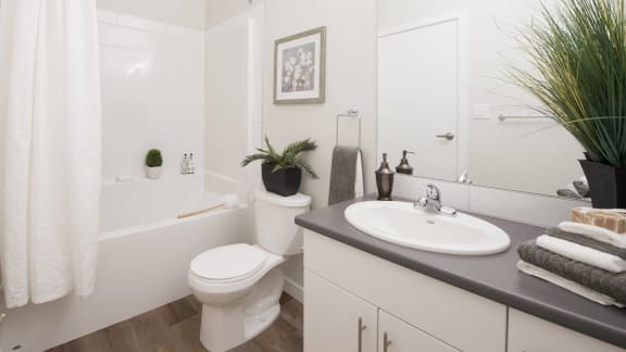 a white bathroom with a sink and toilet and a tub