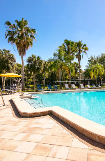 a resort style pool with lounge chairs and palm trees in the background