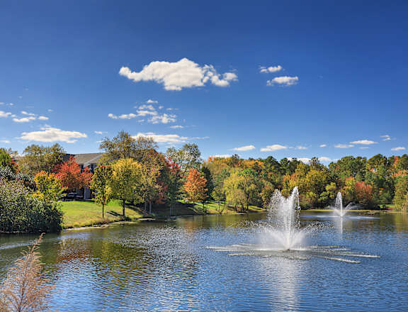 a fountain in the middle of a lake with trees in the background