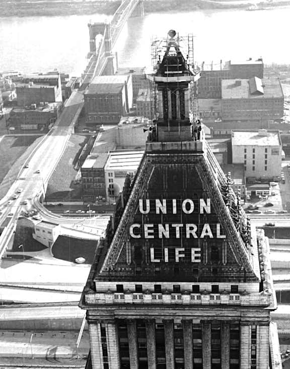 A black and white photo of a building with the words Union Central Life on it.