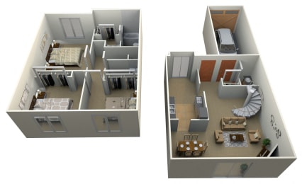 3D floor plan with two levels and bedrooms at Pilgrim Village - Canton, MI Apartments, Canton, MI 48187