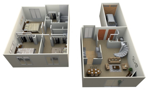 3D floor plan with two levels and bedrooms at Pilgrim Village - Canton, MI Apartments, Canton, MI 48187