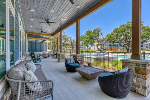 the preserve at ballantyne commons covered patio with furniture and a pool