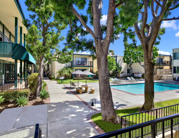 the preserve at ballantyne commons apartments swimming pool and patio at Copa Ladeene Apartments, California, 90505