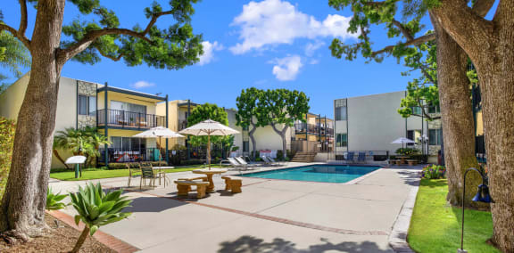 our apartments have a large swimming pool in our courtyard at Copa Ladeene Apartments, Torrance California