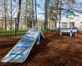 two blue benches and a seesaw in a dog park
