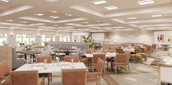 a rendering of a dining room with tables and chairs