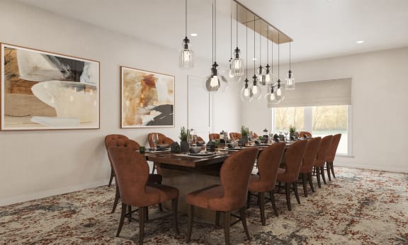 a dining room with a long table and chairs