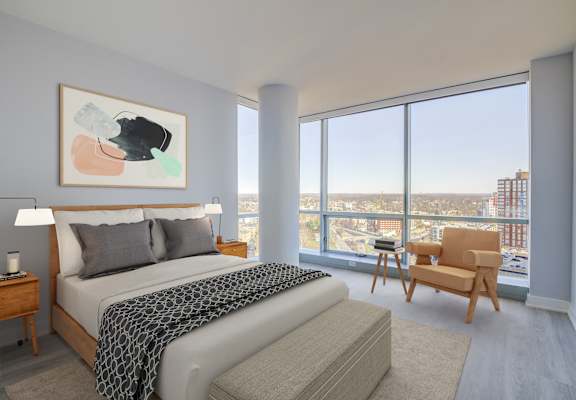 Modern bedroom with a comfortable bed, stylish decor, and soft lighting