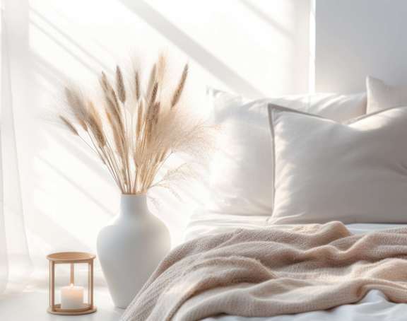 A bed with a white pillow and a white vase at Stillwater Lakes Apartments, Kissimmee, FL