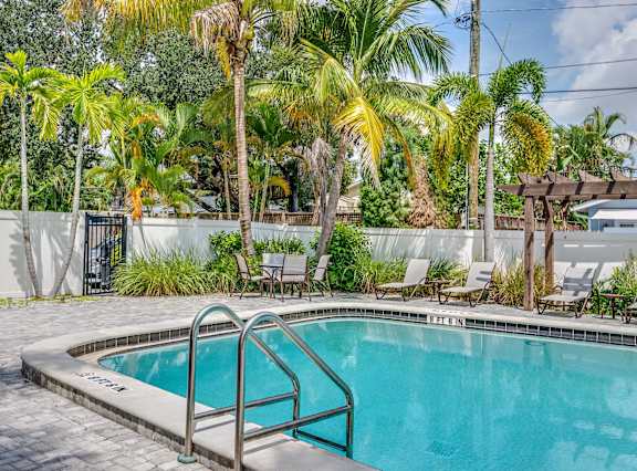 A pool surrounded by palm trees and lounge chairs.