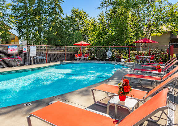 A pool with red chairs and umbrellas is surrounded by trees.